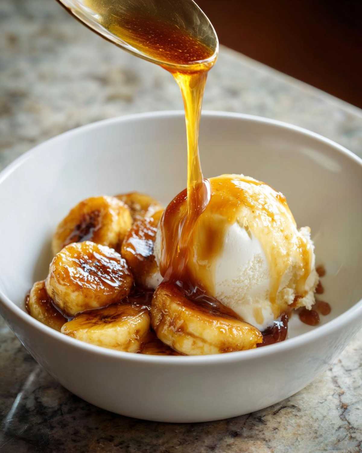 A golden caramel sauce is being spooned over caramelized bananas and vanilla ice cream for a serving of Bananas Foster.