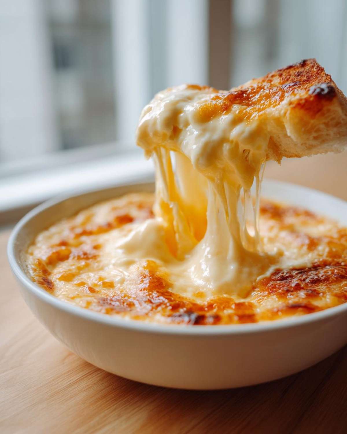 A piece of toasted bread is lifted from a bowl of hot, gooey beer cheese dip, showing extreme cheese pull.