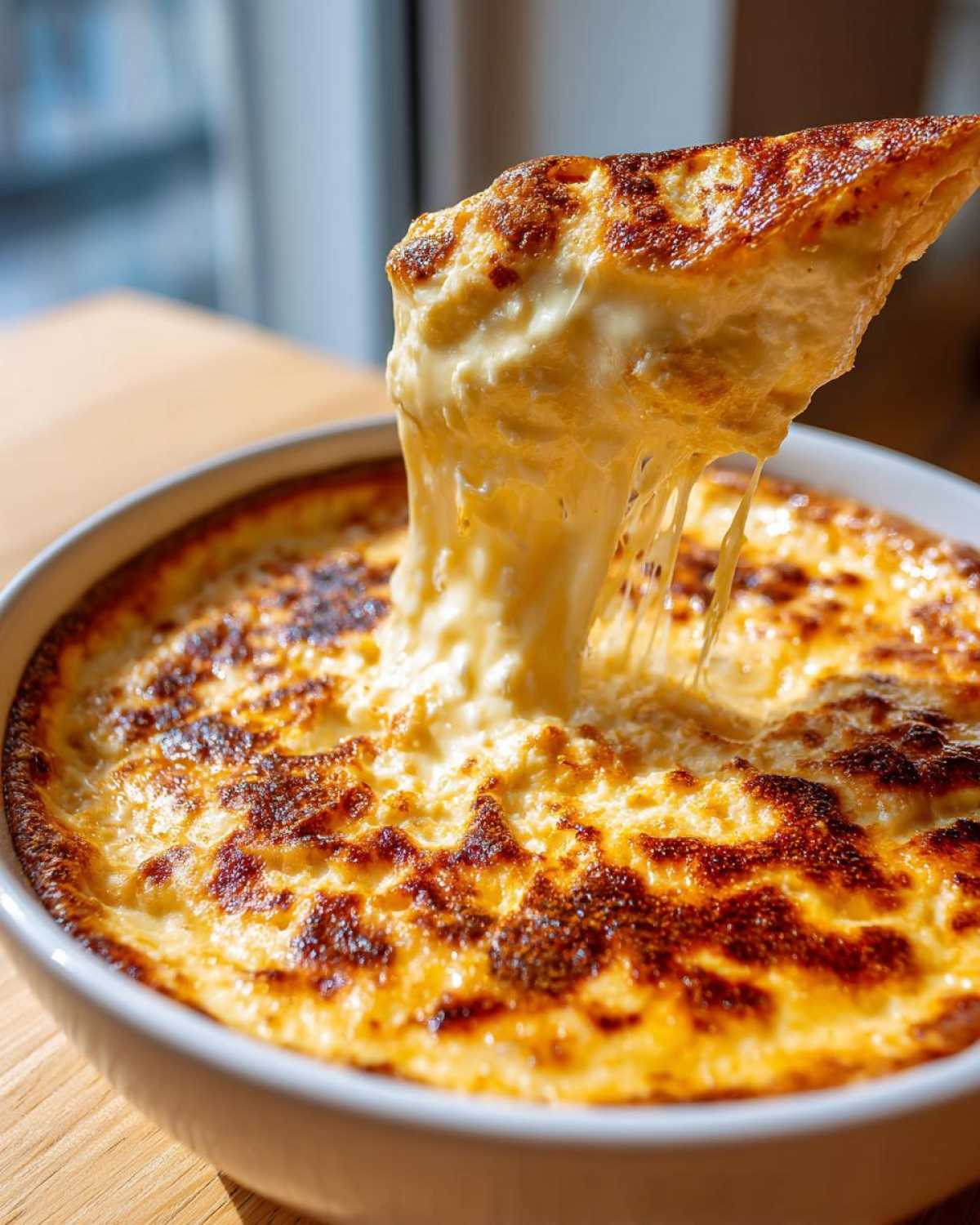 A scoop of hot, bubbly beer cheese dip being lifted, showing long, irresistible cheese pulls.