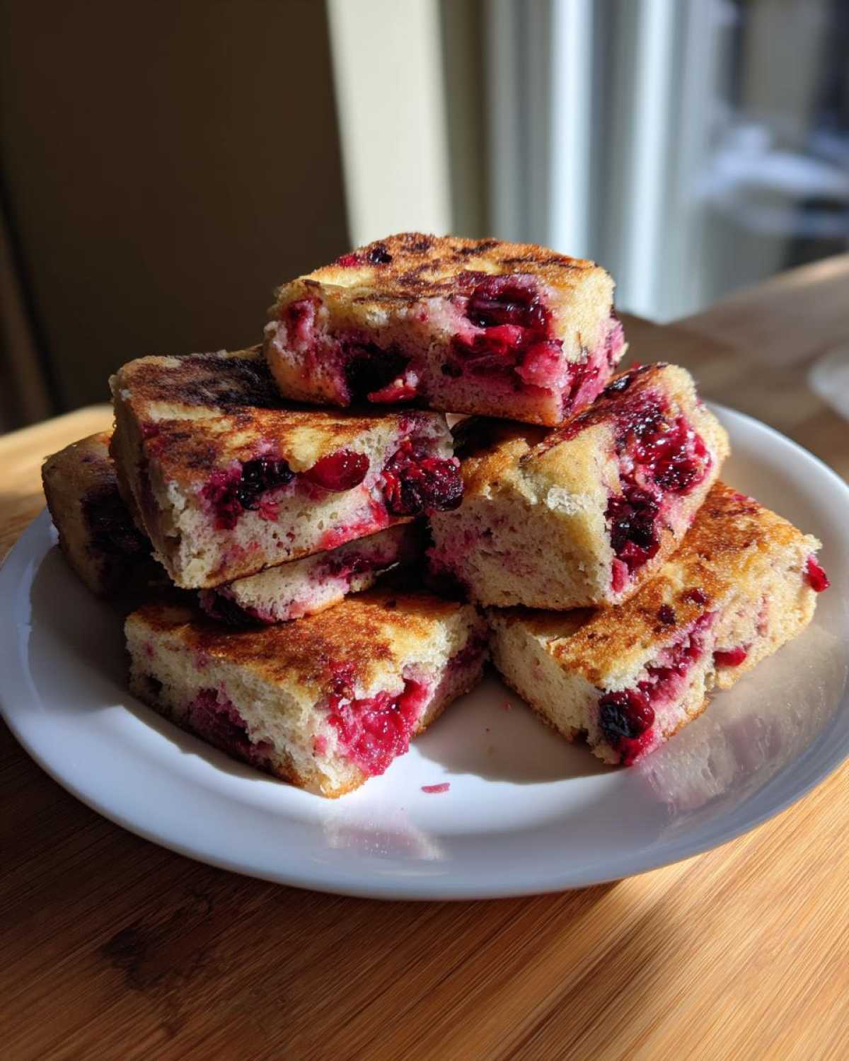 Stack of square slices of berry sheet pan pancakes with bright red fruit baked inside.