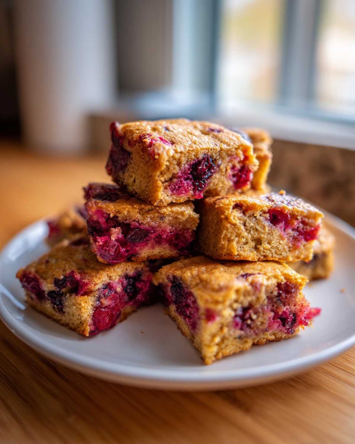 Close-up of stacked, golden-brown squares of sheet pan pancakes filled with bright red berries.