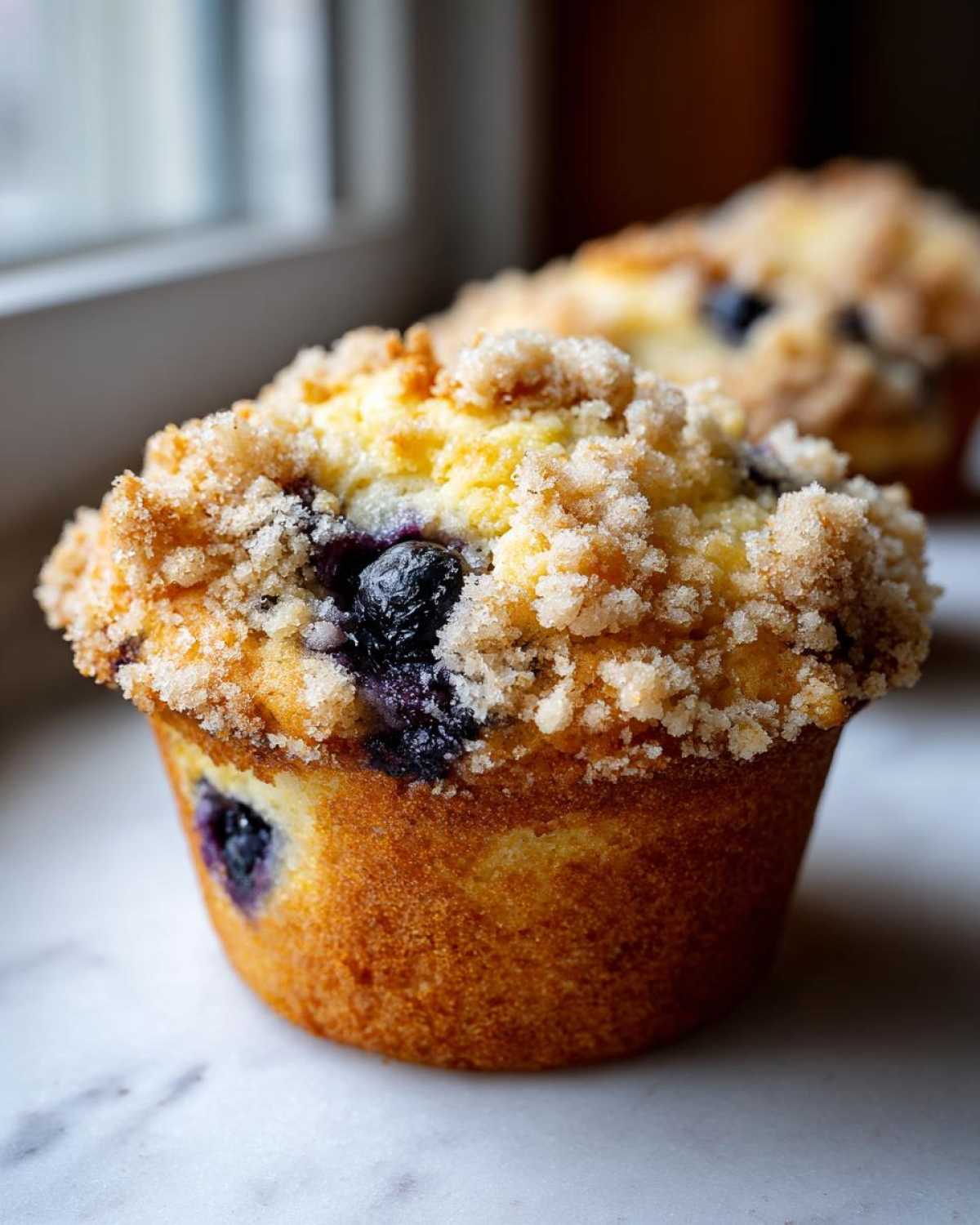 A close-up of a golden brown blueberry muffin topped with a thick layer of sweet, sugary streusel crumb topping.