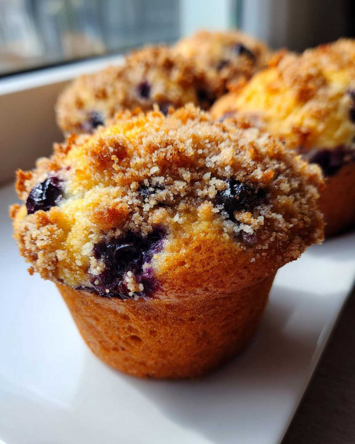 Close-up of a golden brown blueberry muffin featuring a thick, sugary crumb topping and visible burst blueberries.