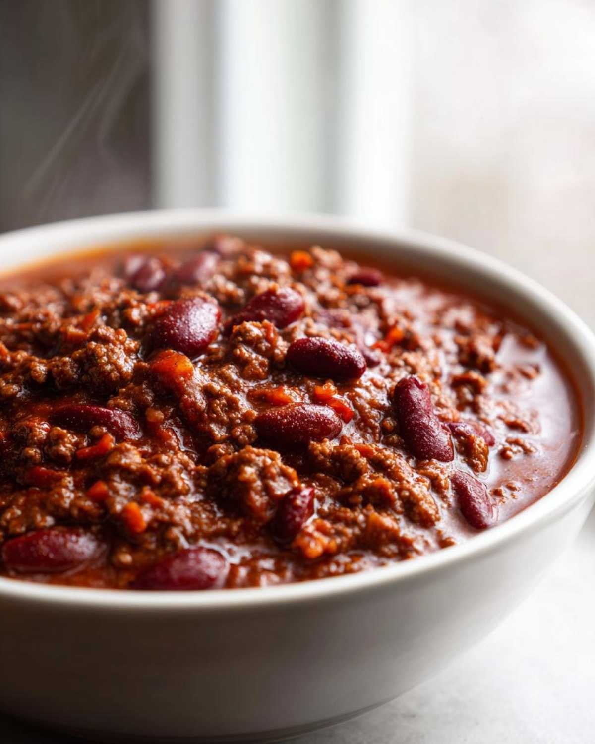 Close-up of a steaming white bowl filled with rich, hearty chili featuring ground meat and kidney beans, showcasing the best chili recipe.