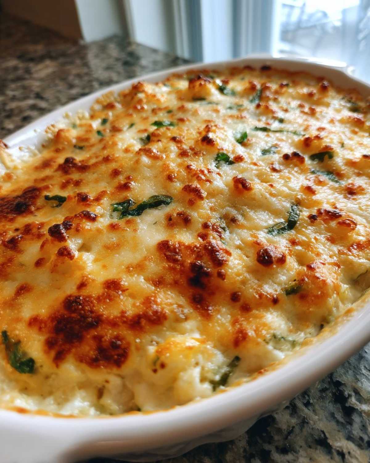 Close-up of a hot, creamy popper dip baked in a white dish with a golden-brown, bubbly cheese topping.