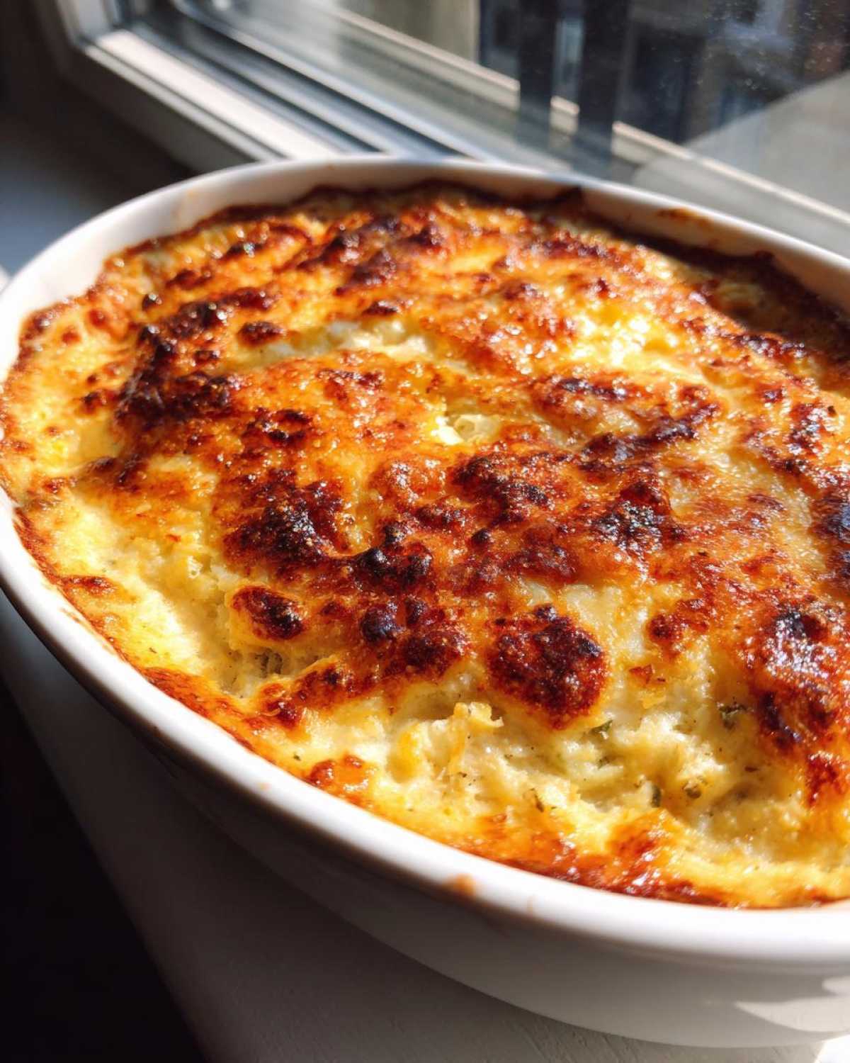 A freshly baked, creamy popper dip with a beautifully browned and slightly charred cheese topping in a white oval dish.