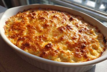 A creamy, baked popper dip with a bubbly, golden-brown cheesy crust in a white oval baking dish.
