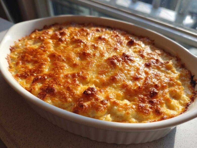 A creamy, baked popper dip with a bubbly, golden-brown cheesy crust in a white oval baking dish.