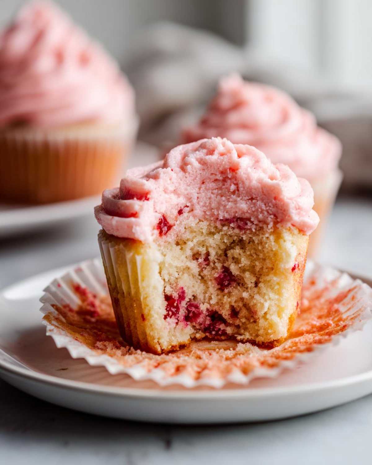 A close-up of a strawberry cupcake with a bite taken out, revealing pink frosting and berry pieces inside the cake.