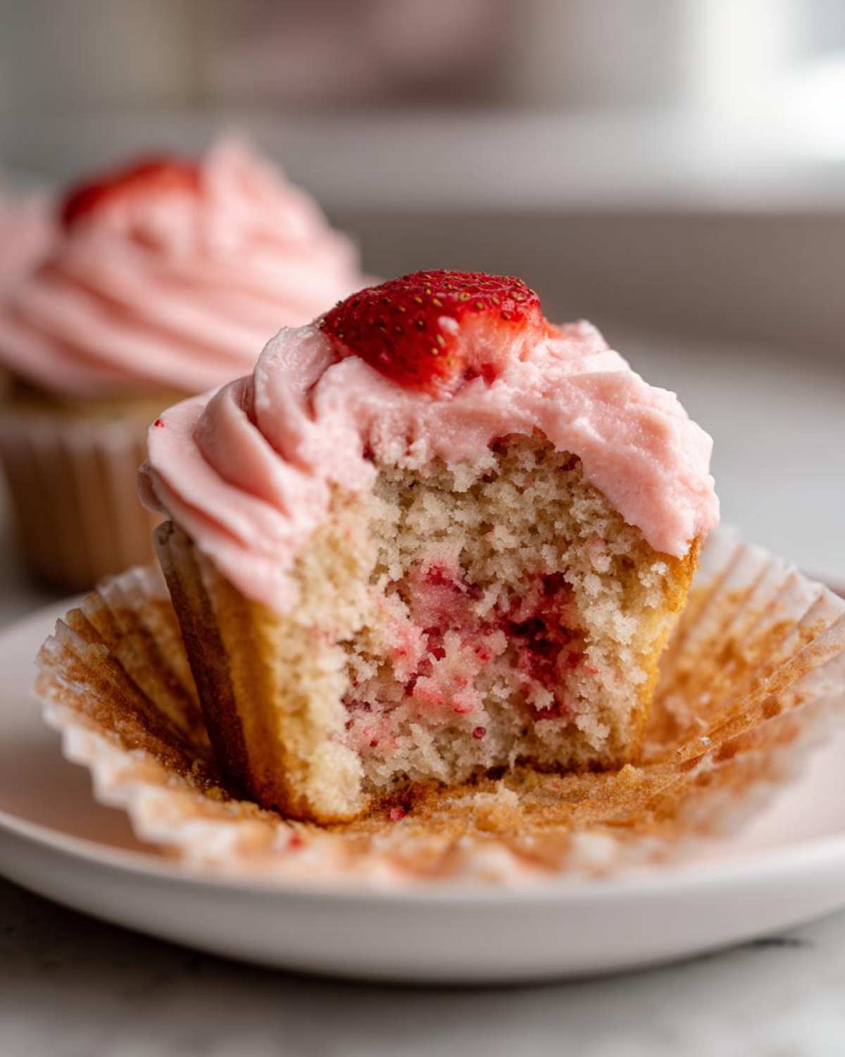 Close-up of a strawberry cupcake with a bite taken out, revealing pink frosting and berry pieces inside the cake.
