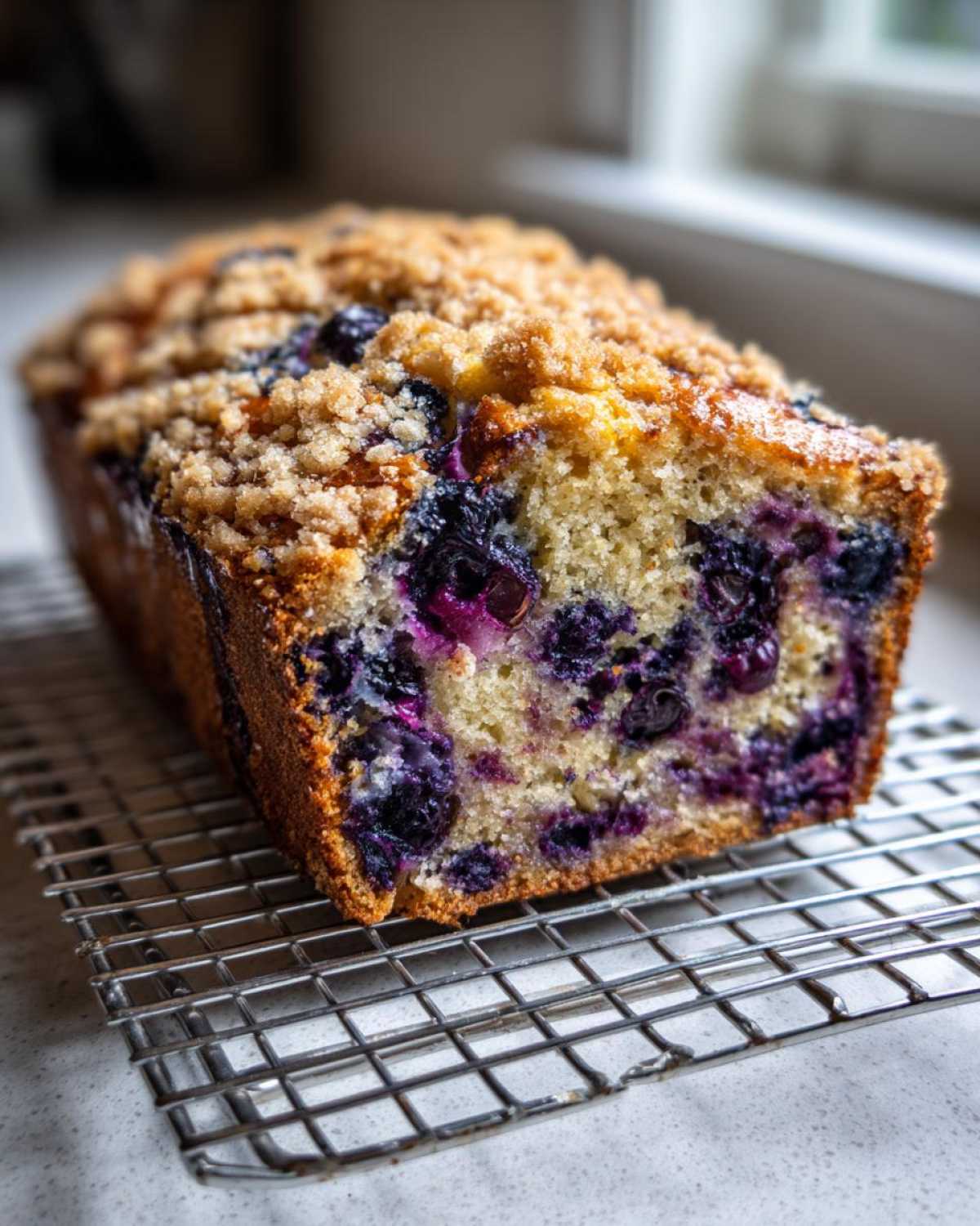 A close-up of a freshly baked blueberry banana bread loaf with a crumb topping cooling on a wire rack.