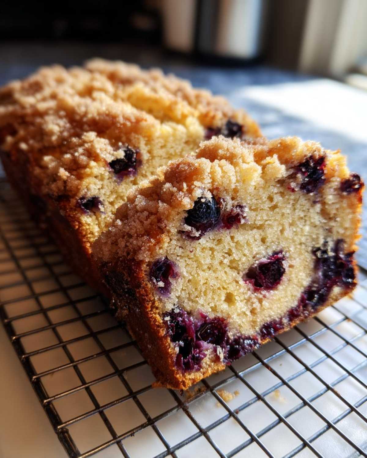 Close-up of a slice of blueberry banana bread featuring a golden crumb topping and visible blueberries.