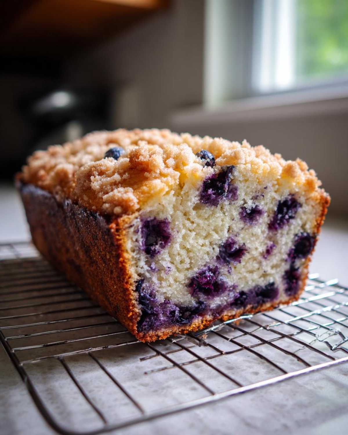 A loaf of moist blueberry banana bread featuring a sweet crumb topping, cooling on a wire rack.