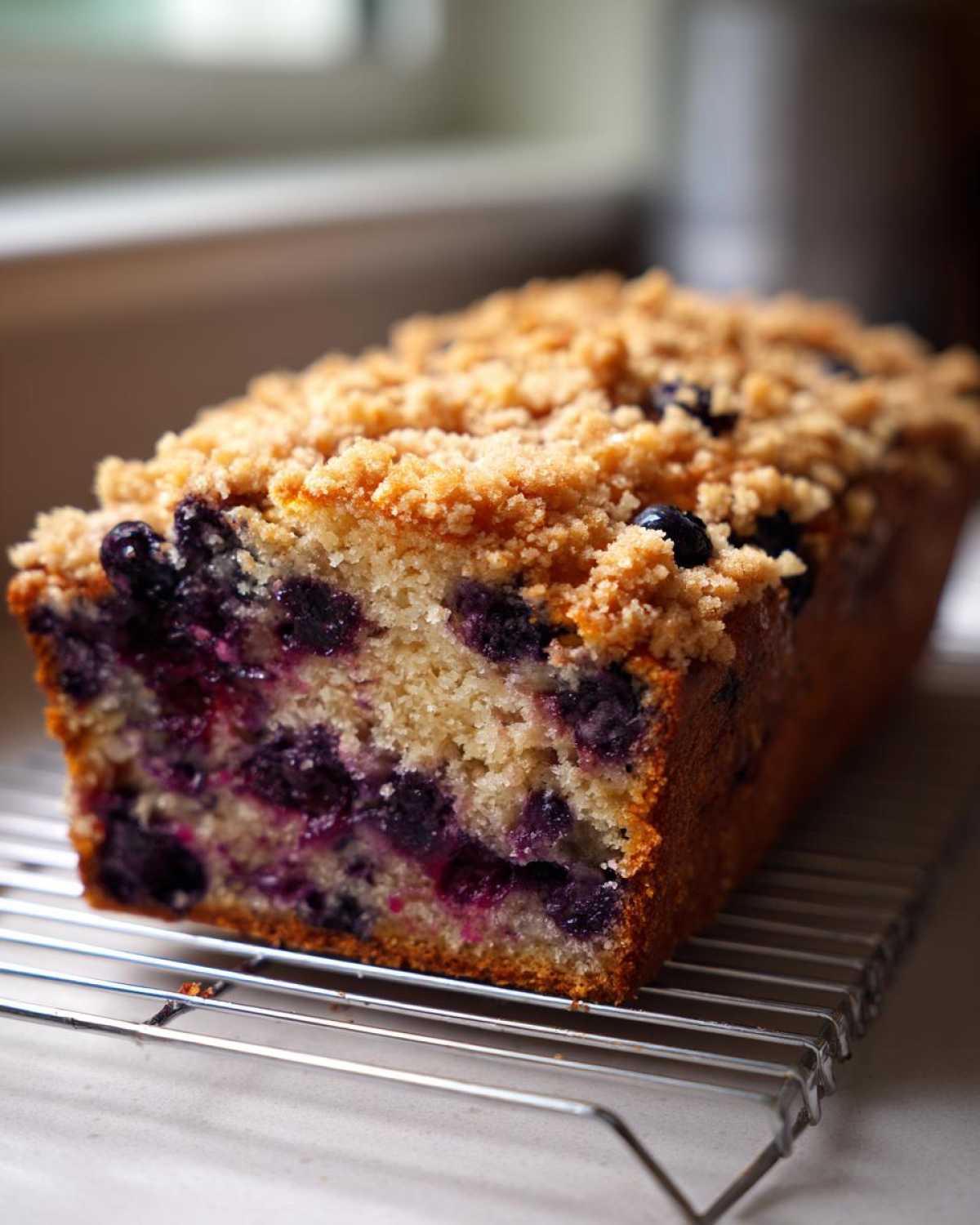 Close-up of freshly baked blueberry banana bread loaf cooling on a wire rack, showing moist interior and streusel topping.