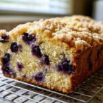 Close-up of a loaf of blueberry banana bread with a golden crumb topping cooling on a wire rack.