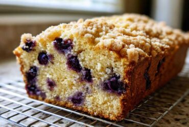 Close-up of a loaf of blueberry banana bread with a golden crumb topping cooling on a wire rack.
