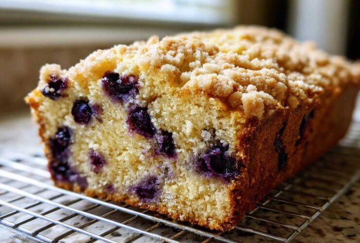 Close-up of a loaf of blueberry banana bread with a golden crumb topping cooling on a wire rack.