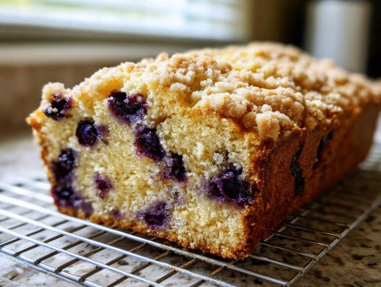 Close-up of a loaf of blueberry banana bread with a golden crumb topping cooling on a wire rack.