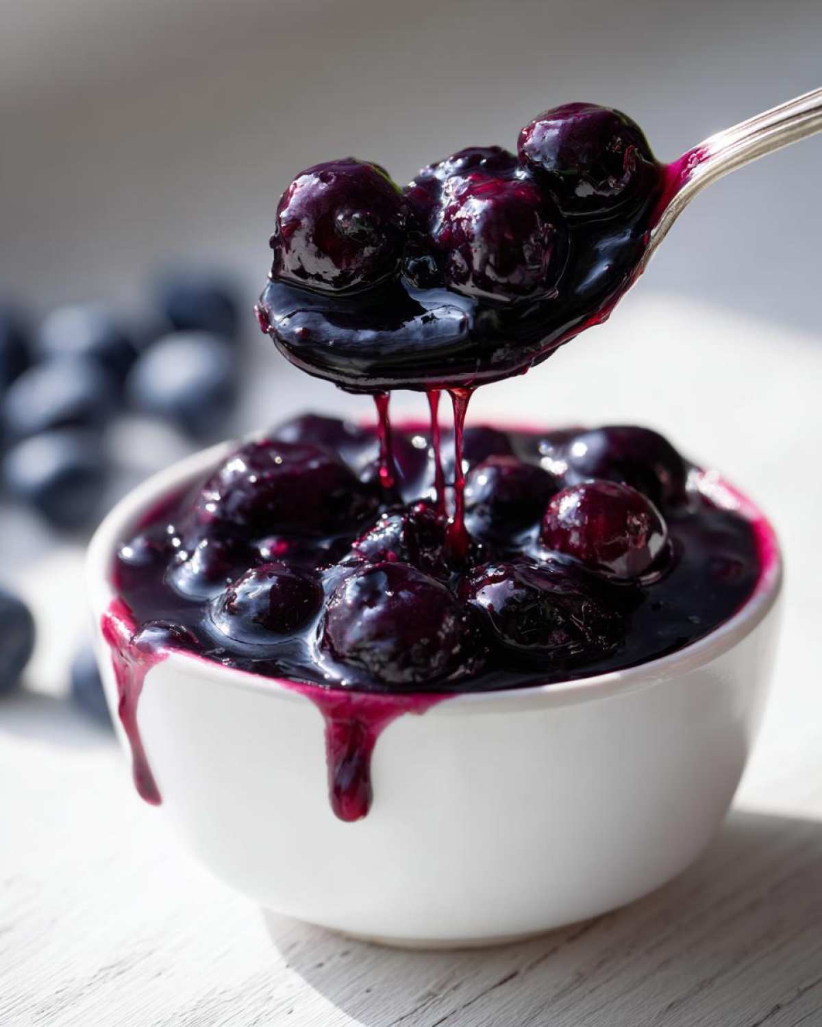 A spoonful of thick, glossy blueberry jam, full of whole berries, dripping back into a white bowl of blueberry jam.