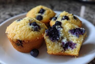 A plate featuring several moist blueberry protein muffins, one cut in half to show the crumb and fruit.
