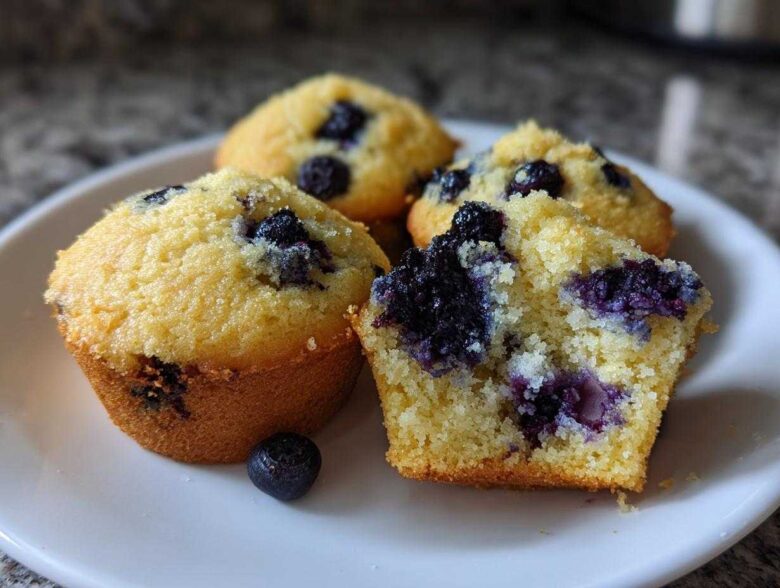 A plate featuring several moist blueberry protein muffins, one cut in half to show the crumb and fruit.