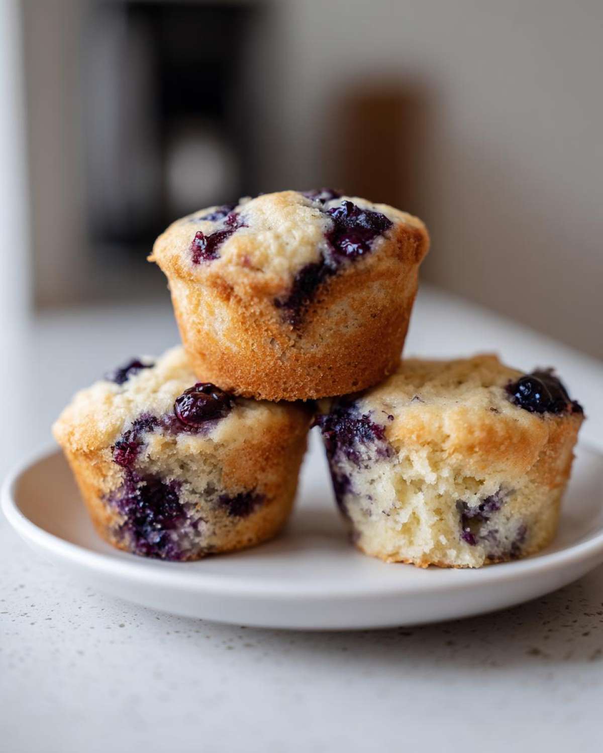 Three freshly baked blueberry protein muffins stacked on a small white plate, showing a moist interior.