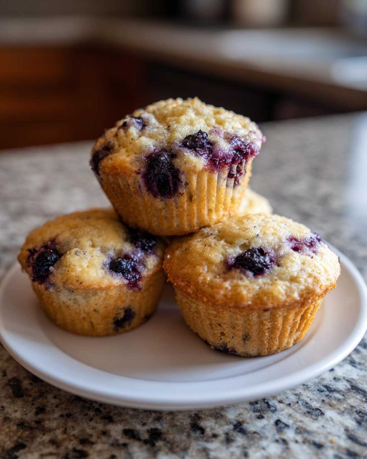 Three golden blueberry protein muffins stacked on a small white plate resting on a granite countertop.