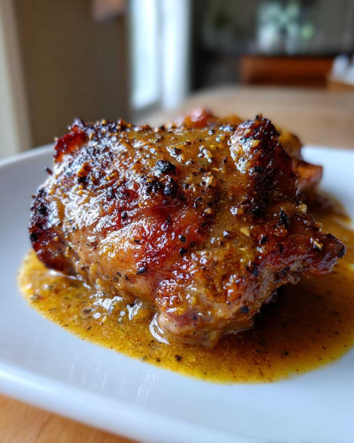 A close-up shot of a perfectly cooked, glazed braised chicken thigh resting in a pool of savory sauce.