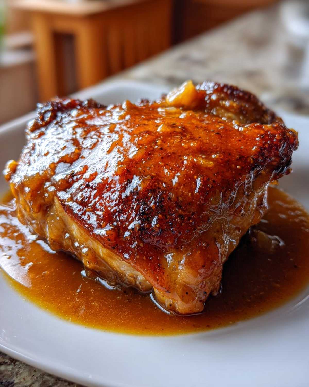 Close-up of a single, perfectly glazed braised chicken thighs piece resting in rich brown sauce on a white plate.