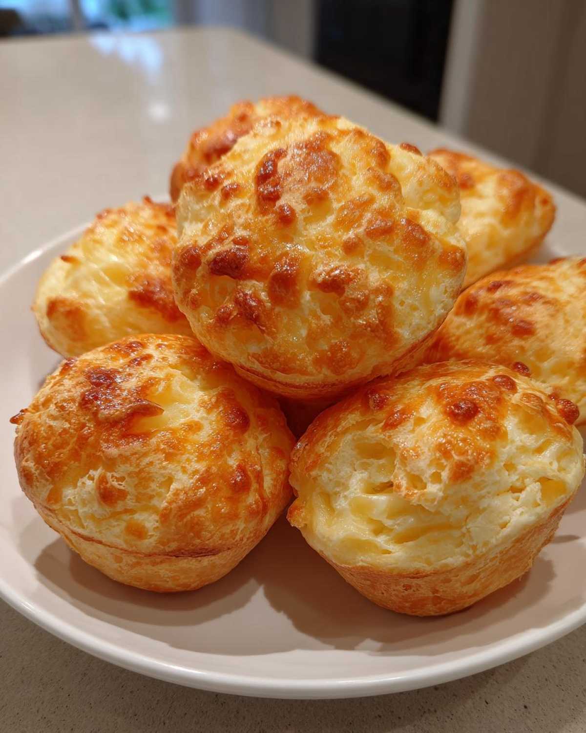 A close-up stack of golden brown, cheesy brazilian cheese bread puffs served on a white plate.