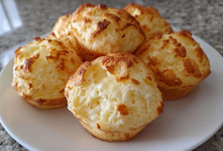 A close-up of several golden-brown Brazilian cheese bread puffs piled on a white plate.