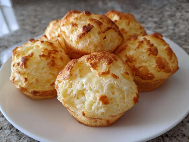 A close-up of several golden-brown Brazilian cheese bread puffs piled on a white plate.