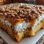 Close-up of a thick slice of butter pecan praline poke cake showing layers of moist cake, white frosting, and caramel pecan topping.