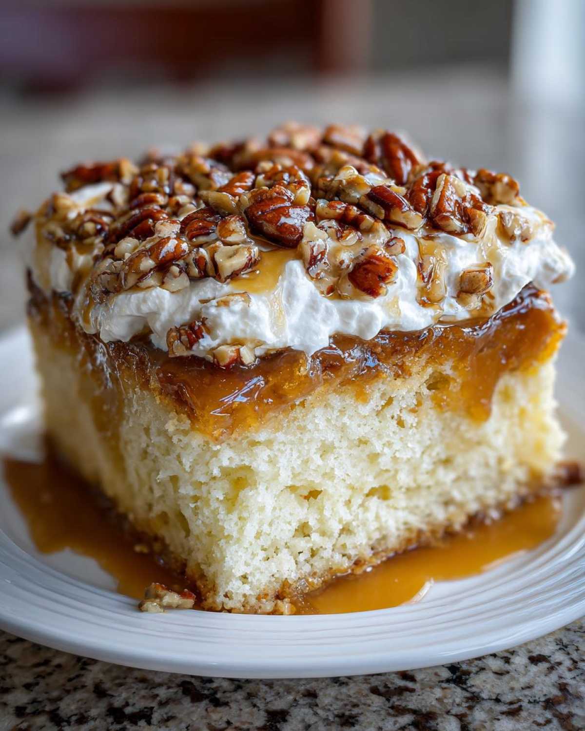 A decadent slice of butter pecan praline poke cake topped with whipped cream and candied pecans.