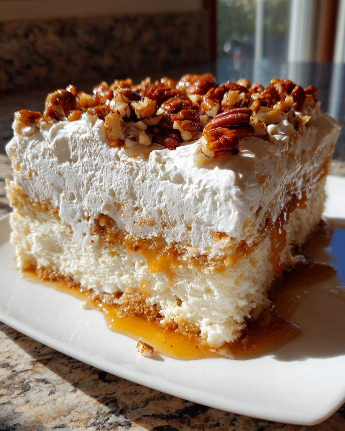 A generous slice of butter pecan praline poke cake layered with white frosting and topped with candied pecans.