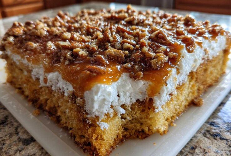 Close-up of a thick slice of butter pecan praline poke cake showing layers of moist cake, white frosting, and caramel pecan topping.
