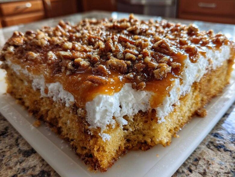 Close-up of a thick slice of butter pecan praline poke cake showing layers of moist cake, white frosting, and caramel pecan topping.