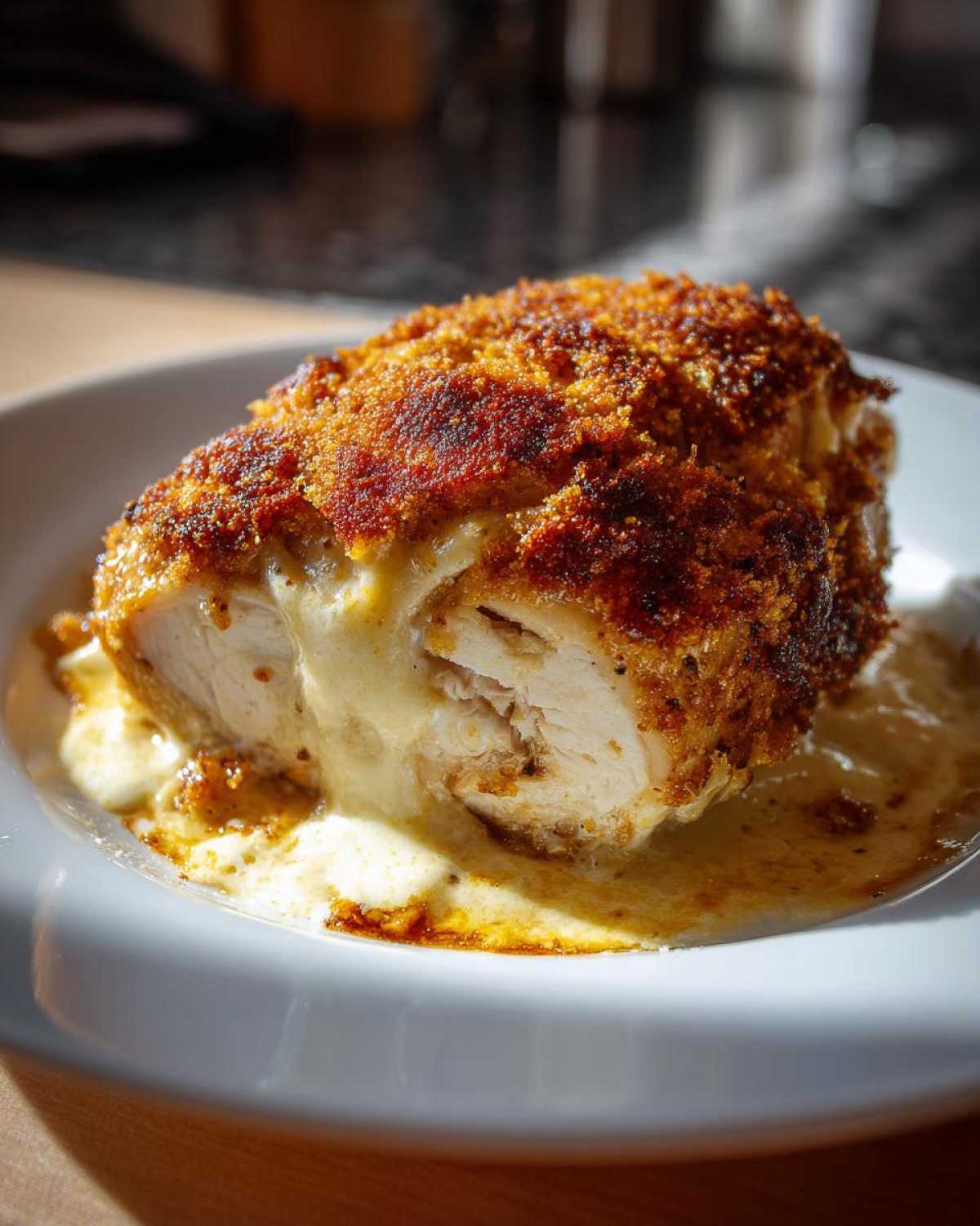 Cross-section of a breaded and fried caesar chicken breast oozing creamy sauce on a white plate.