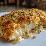 Close-up of a baked caesar chicken breast with a crispy, golden breadcrumb topping and creamy sauce oozing out.
