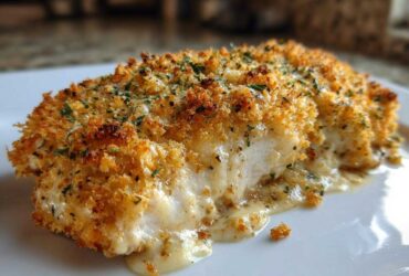 Close-up of a baked caesar chicken breast with a crispy, golden breadcrumb topping and creamy sauce oozing out.