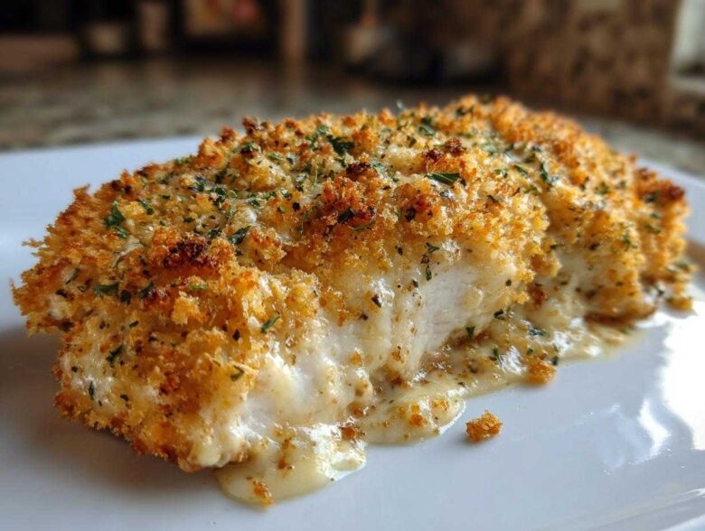 Close-up of a baked caesar chicken breast with a crispy, golden breadcrumb topping and creamy sauce oozing out.