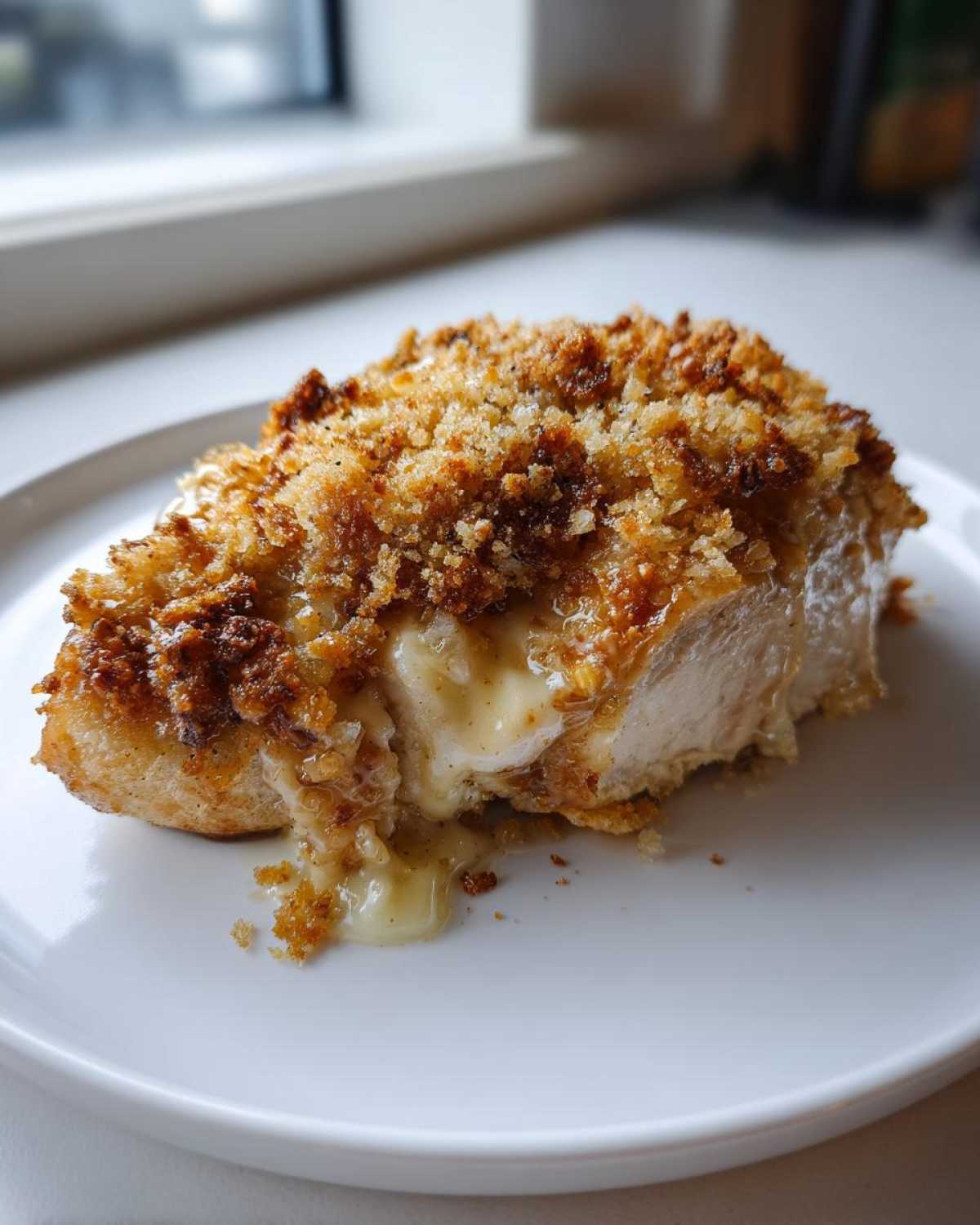 Close-up of a baked caesar chicken breast stuffed with melted cheese and topped with golden breadcrumbs.
