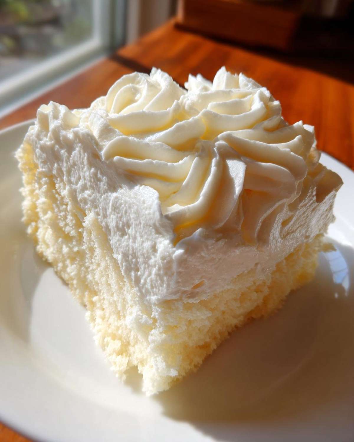 Close-up of a slice of light yellow cake topped with thick, piped cream cheese frosting swirls.
