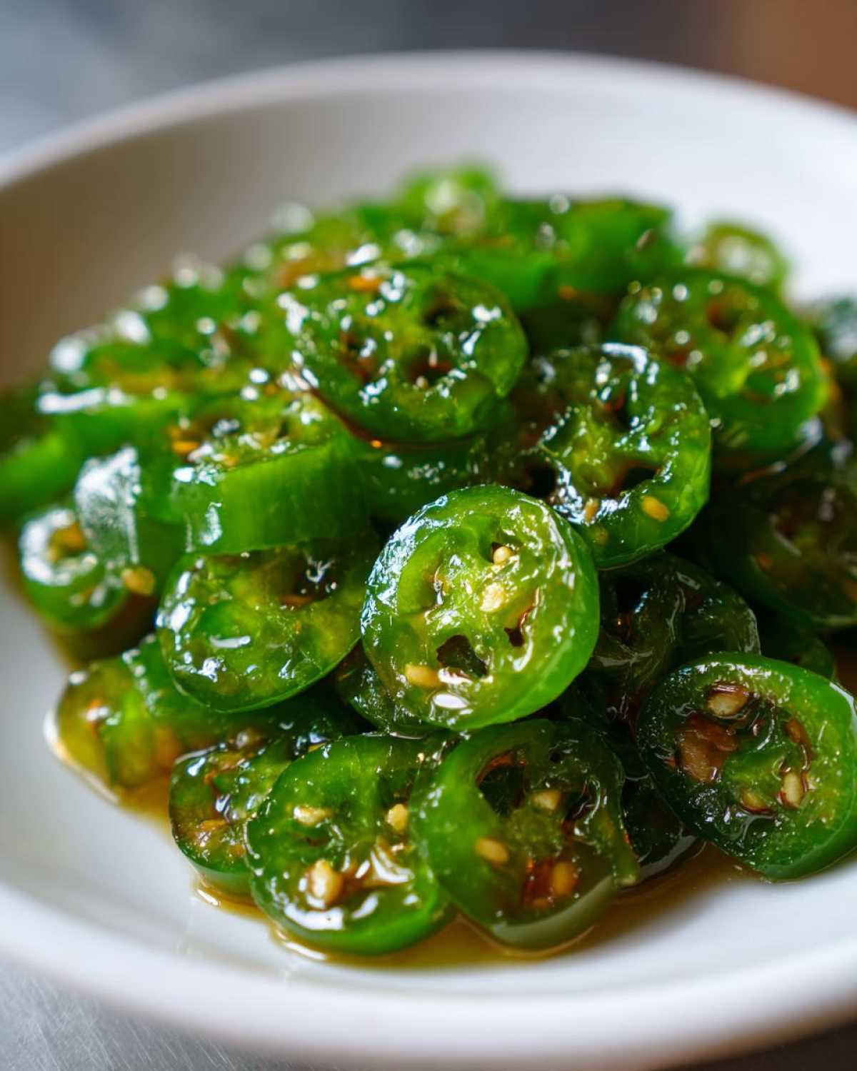Close-up of glossy, bright green slices of candied jalapenos in a white bowl, glistening with syrup.