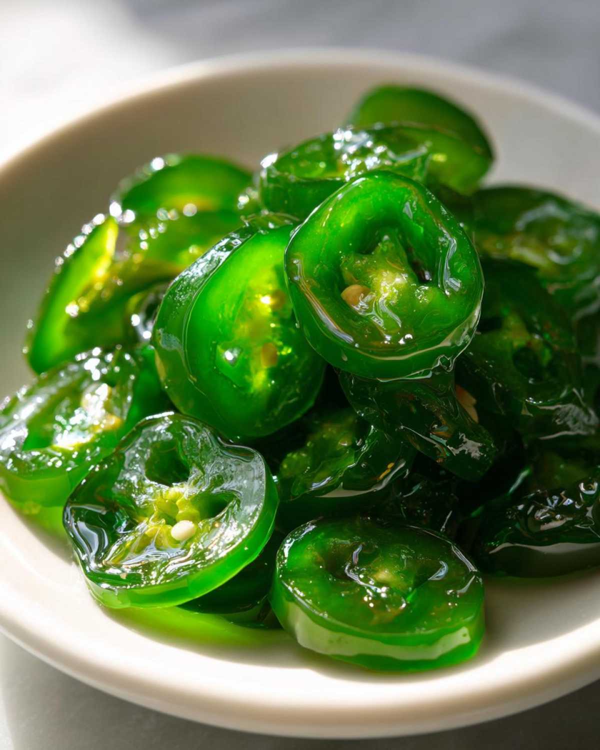 Close-up of bright green, glossy slices of candied jalapenos piled in a small white bowl.