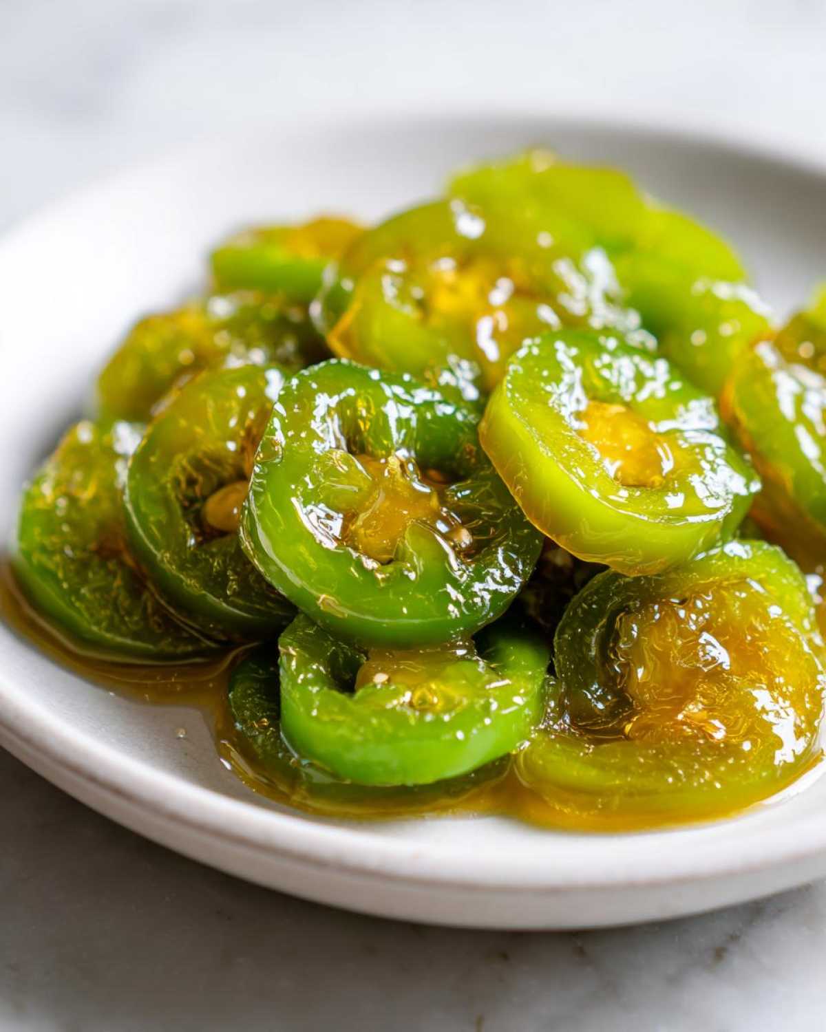 Close-up of bright green, glossy candied jalapenos slices soaking in a sweet syrup on a white plate.