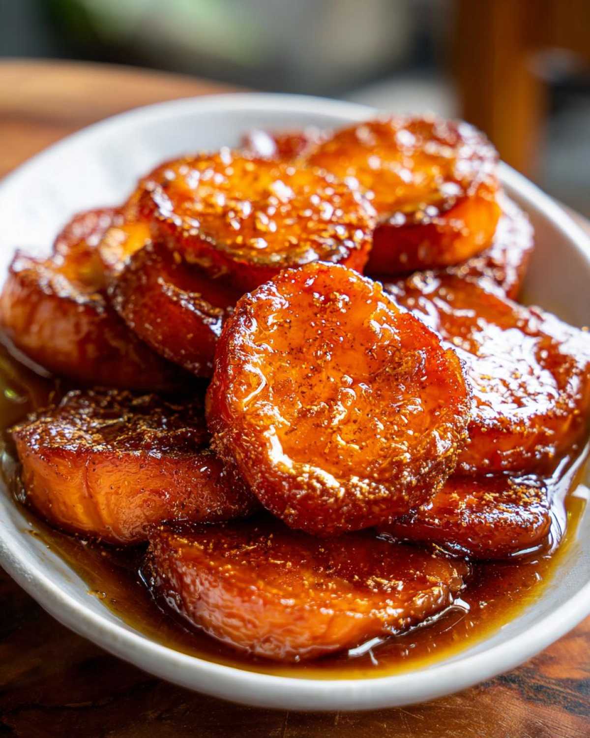 Close-up of thick-cut candied sweet potatoes glistening with a rich, dark syrup and spices.
