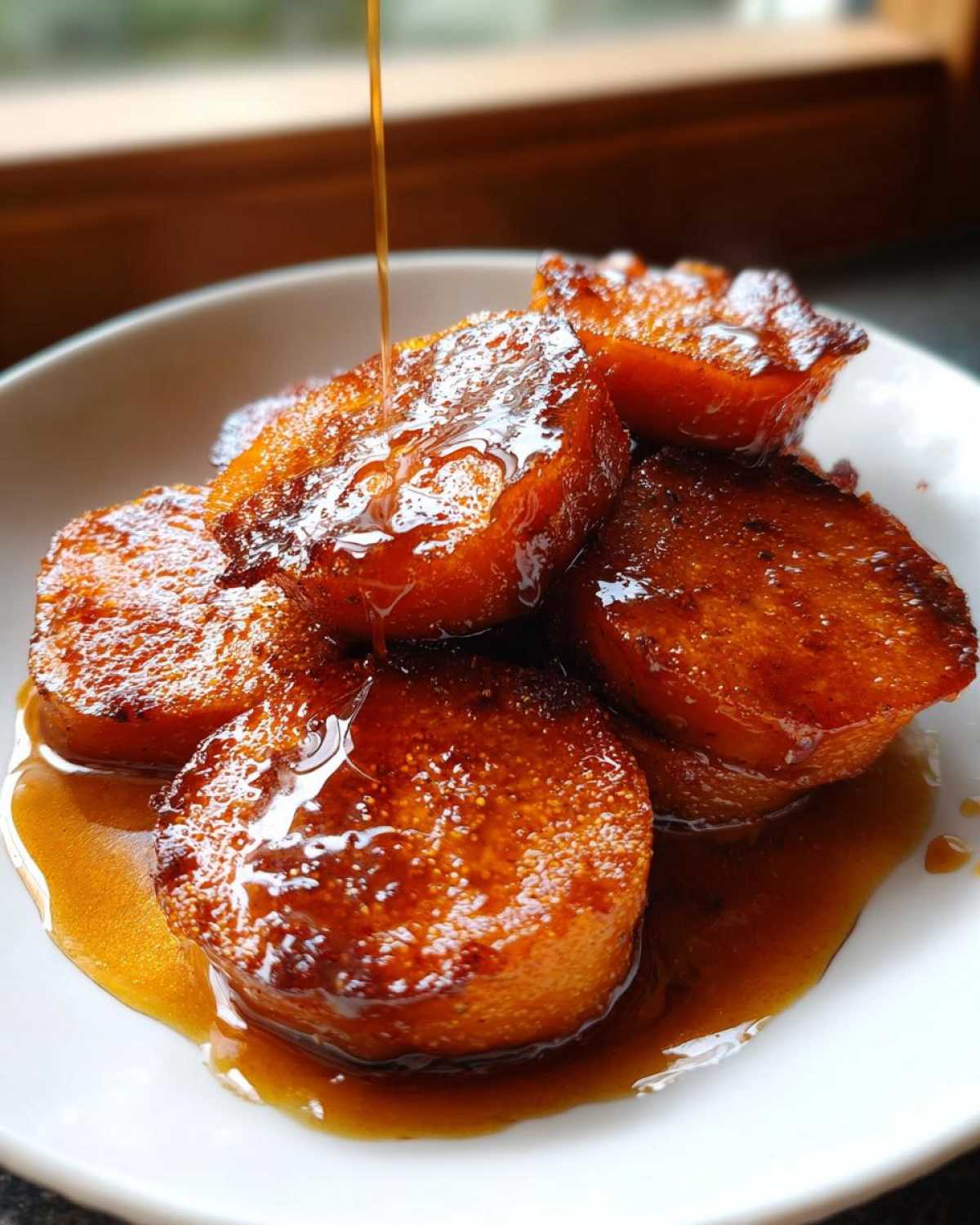 Close-up of caramelized candied sweet potatoes being drizzled with thick syrup in a white bowl.