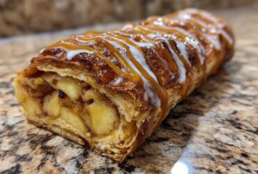 A close-up of a flaky pastry filled with cinnamon apples, drizzled with caramel and white icing, representing an apple strudel.