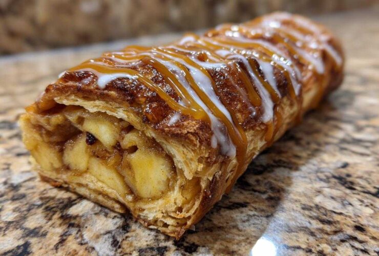 A close-up of a flaky pastry filled with cinnamon apples, drizzled with caramel and white icing, representing an apple strudel.